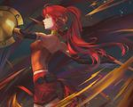  buckler corset edakai elbow_gloves forehead_protector gloves green_eyes long_hair polearm ponytail pouch pyrrha_nikos red_hair rwby shield skirt solo spear vambraces weapon 