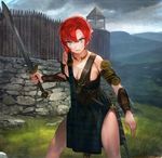  alternate_costume aos armband armlet armor armored_dress bangs belt blue_eyes boudica_(civilization) boudica_(fate/grand_order) breast_squeeze breasts celtic_knot civilization_(series) civilization_v cleavage cloud cloudy_sky corset cowboy_shot day defensive_wall fate/grand_order fate_(series) fortress grass hair_between_eyes hill holding holding_sword holding_weapon jewelry landscape large_breasts looking_at_viewer multiple_swords neck_ring open_mouth outdoors palisade red_hair serious sheath sheathed short_hair sky solo stone_wall strap sword thighs tied_hair vambraces wall war_paint watchtower weapon 