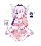  battery capelet commentary dated dragon_girl dress electric_socket full_body hairband highres horns indigopp kanna_kamui kobayashi-san_chi_no_maidragon multicolored_hair no_shoes recharging rubbing_eyes socks solo tail two-tone_hair 