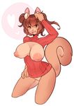  4_fingers anthro areola big_breasts bottomless breasts brown_hair clothed clothing exposed_breasts female hair hair_buns inverted_nipples keyhole_turtleneck kneeling mammal nipples open_mouth raikissu rodent smile squirrel sweater yellow_eyes 