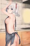  apron arm_at_side ass blurry breasts cowboy_shot depth_of_field flying_sweatdrops from_side hair_between_eyes highres indoors kantai_collection kashima_(kantai_collection) kitchen large_breasts looking_at_viewer naked_apron sakiryo_kanna sideboob silver_hair solo thighs twintails twitter_username wavy_hair 