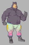  aged_up anthro beard breaided_beard bulge canine clothing disney dog facial_hair front_view full-length_portrait gloves goof_troop male mammal moobs musclegut nipples overweight overweight_male pj_(goof_troop) portrait sneakers solo standing thumbs_up tight_clothing wkd 