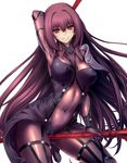  arched_back arm_up armpits between_thighs bodysuit breasts cameltoe contrapposto covered_navel covered_nipples cowboy_shot fate/grand_order fate_(series) highres impossible_bodysuit impossible_clothes large_breasts long_hair purple_hair red_eyes scathach_(fate)_(all) scathach_(fate/grand_order) simple_background single_pauldron smile solo standing uguisu_kagura very_long_hair white_background 