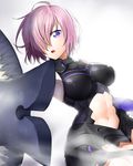  1girl :o armor armpits bare_shoulders black_gloves breasts elbow_gloves erect_nipples fate/grand_order fate_(series) faulds fog gloves hair_over_one_eye highres impossible_clothes large_breasts multicolored multicolored_clothes multicolored_gloves navel navel_cutout onsoku_maru pink_hair purple_eyes purple_gloves shield shielder_(fate/grand_order) shiny shiny_clothes shiny_hair short_hair solo 