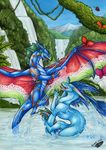  2016 ambiguous_gender blue_eyes claws day detailed_background dragon duo featureless_crotch feral horn membranous_wings natoli nude open_mouth sky smile spines teeth tongue traditional_media_(artwork) waterfall wings 