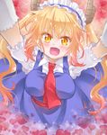  :d blonde_hair blush breasts dragon_girl dress fang gloves gongitsune_(gongitune2) gradient_hair heart highres horns kobayashi-san_chi_no_maidragon large_breasts long_hair looking_at_viewer maid maid_headdress multicolored_hair necktie open_mouth orange_eyes outstretched_arms puffy_short_sleeves puffy_sleeves short_sleeves slit_pupils smile solo tooru_(maidragon) twintails white_gloves 