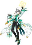  ahoge ainchase_ishmael belt earrings elsword erbluhen_emotion_(elsword) fingerless_gloves full_body gloves green_eyes grey_hair highres jewelry long_coat male_focus navel pendulum solo transparent_background 