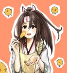  apron bird brown_eyes brown_hair chick chopsticks food hachimaki headband high_ponytail highres japanese_clothes kantai_collection long_hair open_mouth orange_background sally_wasabi solo upper_body zuihou_(kantai_collection) 