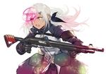  breasts duoyuanjun girls_frontline gun gundam gundam_00 holding holding_gun holding_weapon large_breasts long_hair mossberg_m590_(girls_frontline) open_mouth parody shotgun solo trigger_discipline vertical_foregrip weapon white_hair yellow_eyes 