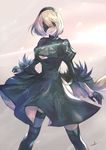  artist_name black_dress black_gloves blindfold center_opening closed_mouth dress facing_viewer gloves hairband juliet_sleeves legs_apart light_rays long_sleeves mismatched_legwear nier_(series) nier_automata over-kneehighs puffy_sleeves short_hair signature silver_hair single_thighhigh solo standing sunbeam sunlight tcoffee thighhighs yorha_no._2_type_b 