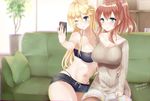  ;) black_panties blonde_hair blue_eyes book brown_hair casual cellphone couch dated denim denim_shorts hair_between_eyes halter_top halterneck highleg highleg_panties highres iowa_(kantai_collection) kantai_collection long_hair multiple_girls one_eye_closed panties panties_under_shorts panty_straps phone ponytail sakiryo_kanna saratoga_(kantai_collection) self_shot shorts sidelocks smile star star-shaped_pupils sweater symbol-shaped_pupils thong twitter_username underwear 