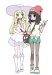  bag beanie black_eyes black_hair blonde_hair braid dress duffel_bag green_eyes green_shorts hanauna handbag hat lillie_(pokemon) long_hair mizuki_(pokemon) multiple_girls open_mouth pantyhose pantyhose_under_shorts pokemon pokemon_(game) pokemon_sm red_hat see-through shirt short_sleeves shorts simple_background sleeveless sleeveless_dress sun_hat tied_shirt twin_braids white_background white_dress white_hat z-ring 