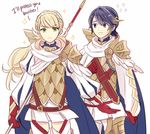  1girl alfonse_(fire_emblem) armor blonde_hair blue_hair brother_and_sister cape dinikee fire_emblem fire_emblem_heroes holding holding_weapon lance long_hair pauldrons polearm sharena short_hair siblings sweat sweatdrop thighhighs weapon zettai_ryouiki 