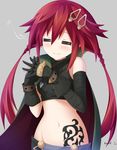  =_= bare_shoulders blush cape four_goddesses_online:_cyber_dimension_neptune gloves hair_ornament hairclip hands_together interlocked_fingers keenh long_hair midriff navel neptune_(series) red_hair smile solo tattoo tennouboshi_uzume twintails 