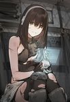  armor armored_boots bare_shoulders black_gloves black_hair black_legwear blood blood_on_face boots breasts brown_eyes brown_hair burnt_clothes closed_mouth cuts dirty_clothes duoyuanjun girls_frontline gloves green_hair hair_over_eyes headphones highres holding hologram indoors injury long_hair looking_at_viewer m4a1_(girls_frontline) medium_breasts mismatched_gloves multicolored_hair sitting sleeveless solo streaked_hair thighhighs torn_clothes torn_legwear turtleneck white_gloves 