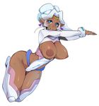  blue_eyes breasts breasts_outside dark_skin full_body highleg highres hyakujuu-ou_golion large_breasts long_hair looking_at_viewer nipples pointy_ears princess_allura puffy_nipples simple_background slugbox smile solo tan thighhighs thighs voltron:_legendary_defender white_background white_hair white_legwear wide_hips 