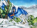  2016 claws day detailed_background dragon feral group horn membranous_wings natoli outside sky snow spines traditional_media_(artwork) wings yellow_eyes 