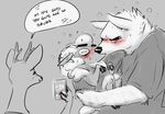  2017 al_(weaver) anthro antlers blush canine caprine carrying cervine clothed clothing deer dialogue disney drunk eyes_closed female fur hi_res horn kissing laugh male male/male mammal monochrome nobody_(artist) pack_street phone recording remmy_cormo sheep size_difference speech_bubble sweat text velvet_roe_(weaver) wolf wool zootopia 