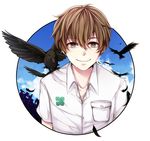  animal bird black_feathers brown_eyes brown_hair closed_mouth crow feathers firirichii looking_at_viewer male_focus shirt smile solo twelve_(zankyou_no_terror) white_shirt zankyou_no_terror 