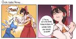  2koma anger_vein ascot bags_under_eyes blue_dress blue_hair bow brown_eyes brown_hair cirno clenched_hand clenched_hands comic commentary detached_sleeves dress el_chavo_del_ocho hair_between_eyes hair_bow hair_tubes hakurei_reimu ice ice_wings mefomefo multiple_girls neck_ribbon nontraditional_miko open_mouth parody punching red_dress ribbon shaded_face short_hair short_sleeves spanish touhou translated wings 