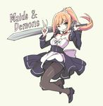  ;p apron blonde_hair breasts brown_eyes choker copyright_name detached_sleeves full_body jewelry maid maids_&amp;_demons necklace one_eye_closed over_shoulder pantyhose pas_(paxiti) ponytail sash scrunchie sketch small_breasts solo sword tongue tongue_out v waist_apron weapon weapon_over_shoulder 