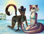  all_fours anthro bikini breasts cardinal_screen clothing collaboration duo feline female fish kneeling mammal marine outside shark smile swimsuit tongue tongue_out zeir0 