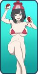  ;d alternate_breast_size bare_arms bare_shoulders beanie bikini black_eyes black_hair bob_cut bottomless breasts cleavage collarbone crossed_legs hat holding holding_poke_ball large_breasts looking_away mizuki_(pokemon) nakaba navel one_eye_closed open_mouth poke_ball poke_ball_(generic) poke_ball_theme pokemon pokemon_(game) pokemon_sm red_bikini red_hat short_hair sitting smile solo strap_slip swimsuit tongue underboob 