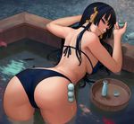  alcohol ass back bangs bare_arms bare_shoulders bent_over bikini black_bikini black_eyes black_feathers black_hair blunt_bangs breasts cameltoe choko_(cup) cup dead_or_alive dead_or_alive_5 from_behind hair_tubes large_breasts lasterk long_hair looking_at_viewer looking_back mole mole_under_mouth nyotengu partially_submerged pool purple_eyes sake seductive_smile sideboob smile solo swimsuit tokkuri water wet 