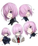  bare_shoulders bodysuit closed_mouth collared_shirt fate/grand_order fate_(series) frown glasses grey_jacket hair_over_one_eye hood hoodie hotori_(sion) jacket mash_kyrielight multiple_views necktie open_mouth pink_hair purple_eyes red_neckwear shirt short_hair simple_background white_background 