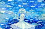  backless_dress backless_outfit blue blue_hair dress fish halterneck long_hair mani_(rokyujuusan) original solo submerged traditional_media underwater watercolor_(medium) 
