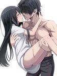 1girl bangs black_hair blood blood_on_face blush carrying closed_eyes dress_shirt facing_another hair_over_eyes highres kimagure_blue long_hair naked_shirt open_mouth original parted_lips pectorals princess_carry shirt shirtless short_sleeves simple_background tears thighs toned toned_male white_background 