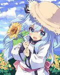  black_ribbon blue_eyes blue_hair blush cloud day dress flower hair_between_eyes hair_ribbon hat highres holding holding_flower long_hair long_sleeves looking_at_viewer noel_(sora_no_method) normaland open_mouth ribbon smile solo sora_no_method straw_hat sunflower two_side_up white_dress 
