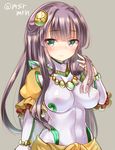  acala_(p&amp;d) adjusting_hair blush bracelet breasts brown_hair green_eyes impossible_clothes jewelry long_hair looking_at_viewer marshmallow_mille necklace puffy_short_sleeves puffy_sleeves puzzle_&amp;_dragons see-through short_sleeves skin_tight smile solo twitter_username very_long_hair 
