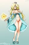  1girl artist_name blonde_hair blue_eyes breasts crown earrings hair_over_one_eye inverted_nipples jewelry lips long_hair luna mina_cream navel necklace pussy rosetta_(mario) simple_background super_mario_galaxy super_mario_world 