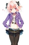  aqua_belt ass_visible_through_thighs astolfo_(fate) bangs belt belt_buckle black_bow black_legwear black_skirt blush bow braid breast_pocket buckle collarbone commentary_request cross cross_necklace crotch_seam drawstring eyebrows_visible_through_hair eyes_visible_through_hair fate/apocrypha fate/grand_order fate_(series) feet_out_of_frame flat_chest groin hair_between_eyes hair_bow hair_intakes heart highres hood hood_down hooded_jacket jacket jewelry lifted_by_self long_braid long_hair long_sleeves looking_at_viewer loose_belt male_focus miniskirt multicolored_hair navel necklace no_shirt open_clothes open_jacket open_mouth otoko_no_ko panties panties_under_pantyhose pantyhose partial_commentary pigeon-toed pink_hair pleated_skirt pocket pom_pom_(clothes) purple_eyes simple_background single_braid skirt skirt_lift smile solo standing stomach streaked_hair thigh_gap thighband_pantyhose underwear unzipped very_long_hair white_background white_hair yoruneko zipper 