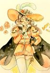  brown_hair candy cape finger_to_mouth flower food grey_eyes hand_on_hip hat hat_feather mani_(rokyujuusan) miniskirt one_eye_closed original pleated_skirt puffy_sleeves rose skirt smile solo thighhighs traditional_media watercolor_(medium) zettai_ryouiki 