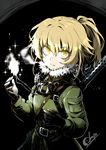  artist_name belt black_background blonde_hair coat eyelashes fur_trim gloves glowing glowing_eyes goggles goggles_around_neck highres lips long_sleeves looking_at_viewer okara ponytail solo tanya_degurechaff weapon yellow_eyes youjo_senki zipper 