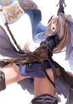  akita_hika arm_up bangs belt blonde_hair blue_dress blue_eyes blue_gloves boots breasts brown_skirt commentary dress flag floating_hair flower from_below gloves granblue_fantasy grey_panties hair_flower hair_ornament highres holding holding_flag holding_sword holding_weapon jeanne_d'arc_(granblue_fantasy) long_hair long_sleeves loose_belt medium_breasts open_mouth panties pantyshot pantyshot_(standing) simple_background skirt solo standing sword teeth thigh_boots thighhighs underwear unsheathed weapon white_background white_flower 