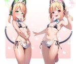  2girls :d absurdres animal_ear_headphones animal_ears bikini black_bikini blonde_hair blue_archive bow breasts cat_ear_headphones closed_mouth commentary fake_animal_ears fake_tail frilled_bikini frills gradient_background green_bow green_eyes green_halo hair_bow halo hand_up headphones highres looking_at_viewer maid maid_bikini midori_(blue_archive) midori_(maid)_(blue_archive) momoi_(blue_archive) momoi_(maid)_(blue_archive) multiple_girls navel open_mouth pink_background pink_halo red_eyes short_hair siblings side-tie_bikini_bottom sisters small_breasts smile sonao standing swimsuit tail thighs twins unconventional_maid 