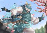 anthro asian_clothing beard blue_body cherry_blossom cherry_blossom_tree cherry_tree chinese_clothing clothing dragon east_asian_clothing facial_hair fighting_pose fruit_tree hair hi_res horn kung_fu lifewonders male mature_male plant pose qinglong remaniac3 solo tokyo_afterschool_summoners tree white_hair yellow_eyes