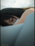  1girl 3d absurdres bed black_hair closed_eyes daz_studio_(medium) highres long_hair looking_at_viewer morning original photorealistic pillarboxed realistic shoe_lace_(shoe_lac3) sleeping solo 