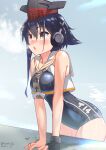  1girl asymmetrical_hair black_hair black_one-piece_swimsuit blush brown_eyes covered_navel dated framed_breasts gloves hair_between_eyes headphones heavy_breathing highres i-14_(kancolle) izumikuma kantai_collection looking_at_viewer neckerchief one-piece_swimsuit open_mouth outdoors partially_fingerless_gloves sailor_collar school_swimsuit short_hair single_glove solo swimsuit twitter_username water wet wet_clothes wet_swimsuit white_sailor_collar 