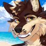 anthro beach blue_sky brown_body brown_fur bust_portrait canid cheek_tuft cloud corzh77 facial_tuft fangs fur glistening glistening_eyes grin hi_res inner_ear_fluff looking_at_viewer male mammal outside portrait seaside sky smile solo tan_body tan_fur tan_inner_ear_fluff tazz_(tazzthewolf) teeth tuft water yellow_eyes