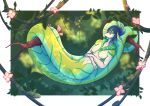 apode belly blue_back blue_body blue_hair blue_skin border branch breasts crossed_arms draconcopode falirchik featureless_breasts female flower forest green_belly green_body green_scarf green_skin green_stripes hair hanging_from_branch hi_res hoenn_otaku humanoid_pointy_ears in_tree legless lying lying_in_tree lying_on_self medium_breasts mostly_nude naga nude pink_flower plant reptile scalie scarf scarf_only serpentine sleeping sleeping_in_tree snake solo stripes tree white_arms white_belly white_body white_border white_chest white_face white_skin