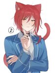  1boy animal_ears black_shirt blazer blue_jacket blush cat_boy cat_ears cat_tail closed_mouth ensemble_stars! grey_background grey_shirt highres jacket long_sleeves looking_at_viewer male_focus multicolored_hair musical_note red_hair sakasaki_natsume shirt short_hair_with_long_locks smile solo spoken_musical_note tail tsmkwa turtleneck white_hair 