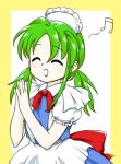  1girl :d ^_^ apron back_bow blue_dress bow closed_eyes collared_dress dress green_hair hands_up long_hair maid_headdress musical_note neck_ribbon nonamejd official_style own_hands_together puffy_short_sleeves puffy_sleeves red_bow red_ribbon ribbon ruukoto short_sleeves smile solo touhou touhou_(pc-98) twintails white_apron zun_(style) 