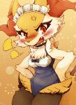  1girl anger_vein angry animal_ear_fluff animal_ears animal_nose black_fur blue_bow blue_bowtie blue_choker blue_leotard blush body_fur bow bowtie braixen breasts cameltoe choker commentary_request cowboy_shot embarrassed fang fox_ears fox_girl fox_tail frilled_choker frills furry furry_female gradient_background hands_on_own_hips highres leotard looking_at_viewer maid maid_headdress multicolored_fur neck_fur nose_blush open_mouth pokemon pokemon_(creature) red_eyes redtrain small_breasts snout solo speech_bubble standing stick sweat tail thick_thighs thighs traditional_bowtie v-shaped_eyebrows white_fur yellow_background yellow_fur 