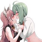 2girls absurdres ahoge animal_ears black_dress blush bra breasts closed_eyes commission de_lacey_(neural_cloud) dress eomo_(pyum3252) girls&#039;_frontline girls&#039;_frontline_neural_cloud green_hair half-closed_eyes hands_on_another&#039;s_head highres holding_another&#039;s_arm kiss large_breasts long_hair multiple_girls official_alternate_costume persicaria_(besotted_evernight)_(neural_cloud) persicaria_(neural_cloud) pink_hair shirt tied_shirt underwear upper_body white_background white_shirt yuri 