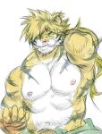 anthro areola belt biped black_stripes blonde_hair countershade_fur countershading fangs felid fur goshingo1 hair hand_behind_head lifewonders macan_(tas) male mammal muscular muscular_anthro muscular_male nipples orange_body orange_fur pantherine pecs pink_areola pink_nipples pink_nose pose solo stripes teeth tiger tokyo_afterschool_summoners white_body white_fur wraps yellow_eyes