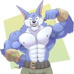 1:1 abs anthro armpit_hair belt blue_body blue_fur blush body_hair bottomwear canid canine canis chimera clothed clothing digital_media_(artwork) eyes_closed flexing flexing_bicep fur grin hand_on_hip humanoid league_of_legends male mammal muscular navel nipples pants raised_arm riot_games scar shirtless smile solo standing topless vitoco warwick_(lol) wolf